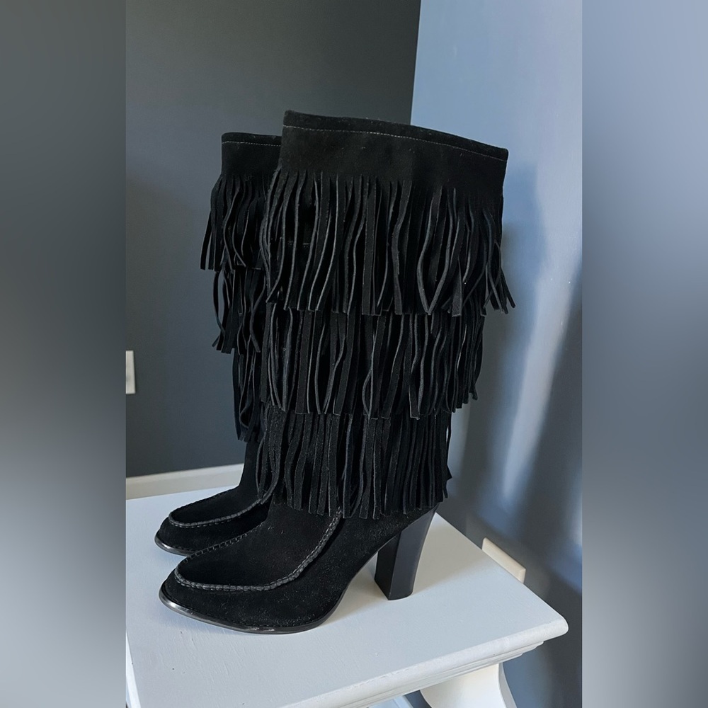 Lauren Ralph Lauren Black Suede Fringe Boho Cowgirl Chic Slip On Boot Sz 8M GUC